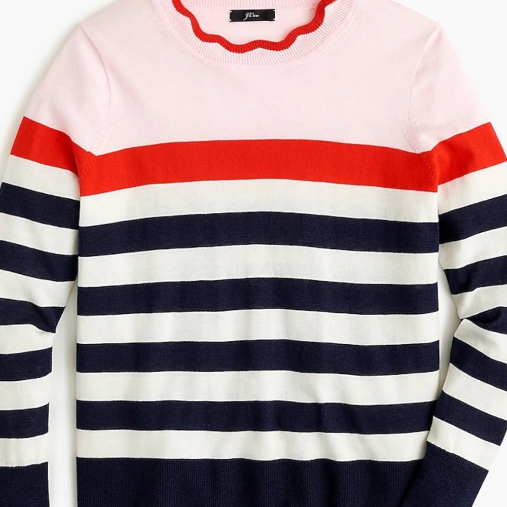J.Crew Scalloped Neck Navy Blue Striped Sweater